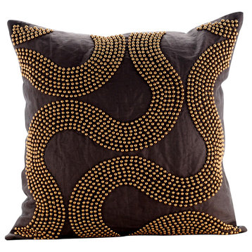 Cotton Linen Toss Pillow Covers Brown 20"x20" Swirl Pattern, Gold Bead Trail
