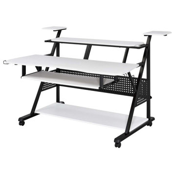 Rectangular Music Desk Table With Wheels, White and Black