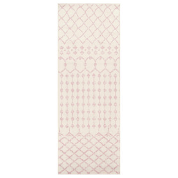 Hauteloom Pink Moroccan Trellis Farmhouse Runner Rug - Beige, Cream - 2'7"x7'3"