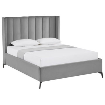 Inspired Home Ameen Bed, Upholstered, Light Gray Velvet Queen