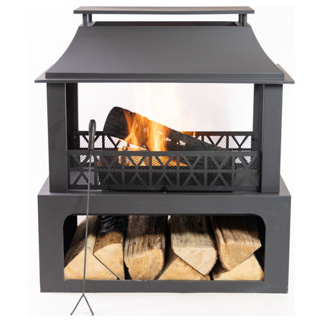 36" Rectangular Outdoor Steel Woodburning Fireplace, Log Storage Compartment