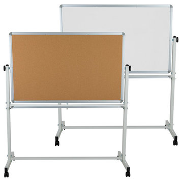 53"W x 59"H Reversible Mobile Cork Bulletin Board and White Board with Pen Tray