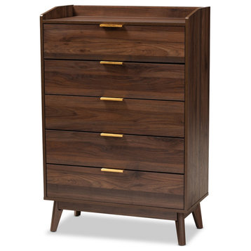 Mid-Century Modern Walnut Brown Finished 5-Drawer Wood Chest