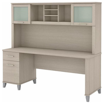 Pemberly Row 72W Desk with Drawers & Hutch in Sand Oak - Engineered Wood