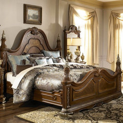 AICO Furniture - Venetian II Mansion Queen Poster Bed in Honey Walnut - AI-N6801 - Bedroom Products