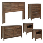 OSP Home Furnishings - Stonebrook Deluxe 5 Piece Bedroom Set, Classic Walnut Finish, Classic Walnut - Create the perfect bedroom or guest room with our Stonebrook bedroom set. Suite includes: One Queen/full headboard, two USB powered nightstands, one 6-drawer dresser,4 one 4-drawer chest. Deep drawers make putting even bulky folded items away easy. All pieces feature sturdy metal drawer glides with safety stops, elevating Stonebrook to a bedroom favorite for years to come. Achieve a chic, modern, aesthetic with either a blonde or deep walnut woodgrain finish that will fit in effortlessly with popular styles like Rustic Coastal, Modern Farmhouse or an eclectic Boho vibe. Assembly required. 4- Drawer Dim- 31.25" W x 17.5" D x 41.25" H, 6-Drawer Dresser Dim-56.25" W x 17.5" D x 32.75" H, Night Stand Dim- 18.5" W x 18" D x 24.75" H, Queen/Full Headboard Dim- 67" W x 3" D x 48.25" H