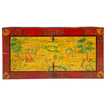 Chinese Tibetan Yellow Buddhism Meditation Graphic Wood Trunk Table Hcs7306