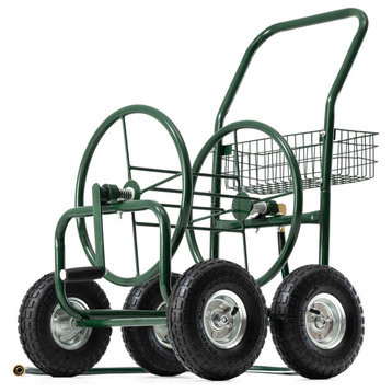 Green Steel 4-Wheel Garden Hose Reel Cart, 34.5''H