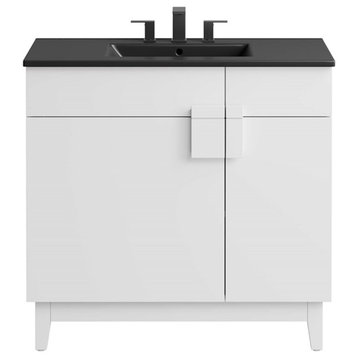 Modway Miles 36" Wood Bathroom Vanity with Tapered Legs in Black/White