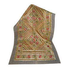 Mogul Inyerior - Decorative Grey Red Sofa Throw Golden Mirror Embroidered India - Tapestries