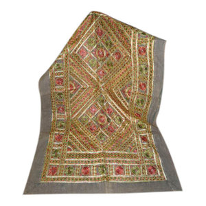 Mogul Inyerior - Decorative Grey Red Sofa Throw Golden Mirror Embroidered India - Tapestries