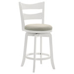 Armen Living - Blair 26" Matte White Wood Swivel Barstool, Fog Fabric, Set of 3 - The Blair Barstool Collection brings effortless elegance and comfort to your home. Available in both counter and bar heights, each stool features a round seat upholstered in a soft, cozy fabric that adds warmth and charm to any space. Choose between a creamy neutral or fog-gray cushion, perfectly paired with either a rich putty brown or crisp matte white wood finish.