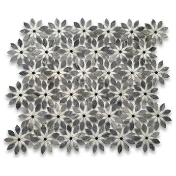 Bardiglio Gray Marble Wildflower Waterjet Mosaic Tile Polished, 1 sheet
