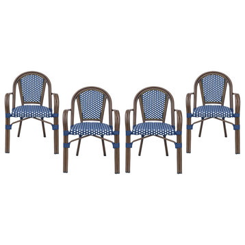 Symonds Outdoor French Bistro Chairs (Set of 4), Navy Blue/White/Anti Brass