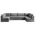 Meridian Furniture - Jacob Velvet Upholstered 6-Piece U-Shaped Modular Sectional, Grey - Create the ideal seating arrangement for your space when you pick and choose the elements you like mostincluding this Jacob velvet modular sectional. Mix and match items in the Jacob collection to bring your living space or family room together with a personalized slant. Soft grey velvet upholstery is soft and welcoming to the touch, adding a luxurious feel to everyday seating. Deep channel tufting adds to the piece's durability, and latches underneath the unit make it easy to attach to other pieces in the collection.