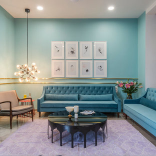 Idéer för mellanstora funkis vardagsrum, med blå väggar och grått golv
