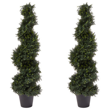 Set of 2 Spiral 4' Cypress Topiaries Faux Poted Trees Indoor or Outdoor Decor