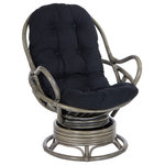 OSP Home Furnishings - Tahiti Rattan Swivel Rocker Chair, Black Fabric With Gray Frame - Kick back and relax with our Tahiti Rattan Swivel Rocker. This woven rattan rocker will turn up the wow factor in any room. A great seating option for watching movies, gaming or just kicking back and taking it easy. Plush poly-fill cushion with channel pocket stitching, in 100% Polyester, creates billowing comfort. Simply tie cushion onto solid rattan and woven frame. Smooth ball bearing swivel action and relaxing rocking motion will ease away the day's stresses while adding natural Boho style to your home. Simply untie the ample removable cushion and shake out to fluff up for years of sublime, cozy comfort.