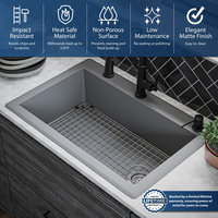 Karran Drop-In Quartz 33" 1-Hole Single Bowl Kitchen Sink Kit, Grey