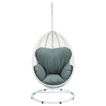 Acme Simona Patio Swing Chair With Stand Green Fabric and White Wicker