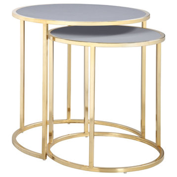 Set of 2 Nesting Side Table, Golden Metal Base With Round PU Leather Top, Gray