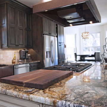 Rustic Old World Kitchen With Accent Island & Copper Hood