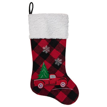 20.5" Red and Black Plaid Christmas Stocking With a Vintage Truck