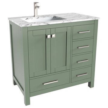 36" Vanity With White Marble Left Side Sink With Mirror, No Backsplash, Green