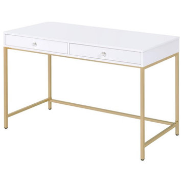 ACME Ottey Vanity Desk Set in White High Gloss & Gold Finish