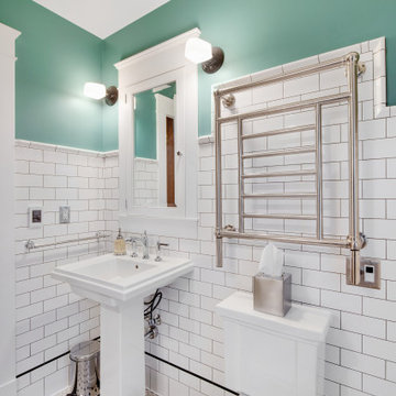 Craftsman Subway Tile Bathroom with Custom Mosaic Floor