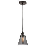 Innovations Lighting - Innovations 616-1PH-OB-G63 1-Light Mini Pendant, Oil Rubbed Bronze - Innovations 616-1PH-OB-G63 1-Light Mini Pendant Oil Rubbed Bronze. Collection: Edison. Style: Industrial, Farmhouse, Restoration-Vintage, Transitional. Metal Finish: Oil Rubbed Bronze. Metal Finish (Canopy/Backplate): Oil Rubbed Bronze. Material: Steel, Cast Brass, Glass. Dimension(in): 8(H) x 6(W) x 6(Dia). Min/Max Height (Fixture Height with Cord or Included Stems and Canopy)(in): 13/131. Wire/Cord: 10 Feet Of Black Fabric Cord. Bulb: (1)60W Medium Base,Dimmable(Not Included). Maximum Wattage Per Socket: 100. Voltage: 120. Color Temperature (Kelvin): 2200. CRI: 99. 9. Lumens: 220. Glass Shade Description: Plated Smoke Small Cone. Glass or Metal Shade Color: Plated Smoke. Shade Material: Glass. Glass Type: Colorful. Shade Shape: Cone. Shade Dimension(in): 6. 25(W) x 5. 75(H). Fitter Measurement (Glass Or Metal Shade Fitter Size): 3. 25 inch Fitter. Canopy Dimension(in): 4. 75(Dia) x 1(H). Sloped Ceiling Compatible: Yes. California Proposition 65 Warning Required: Yes. UL and ETL Certification: Damp Location.