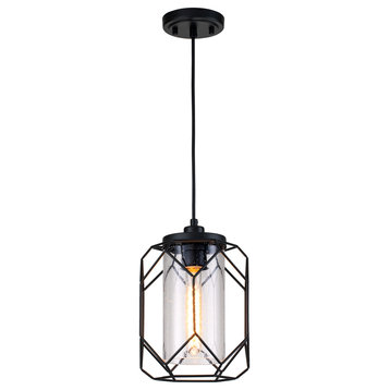 1 Light Black Finish Cage Wire Pendant with Seedy Glass Shade