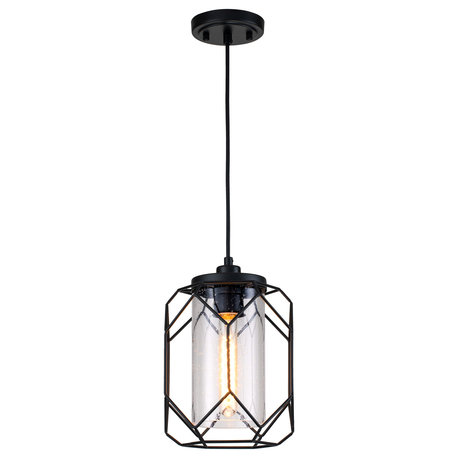 1 Light Black Finish Cage Wire Pendant with Seedy Glass Shade
