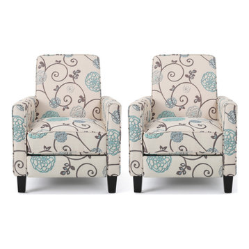 Susan Fabric Recliner, Set of 2, Light Beige With Blue Floral and Dark Brown