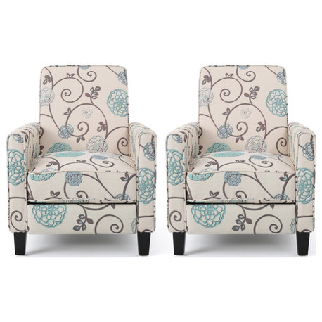 Susan Fabric Recliner, Set of 2, Light Beige With Blue Floral and Dark Brown