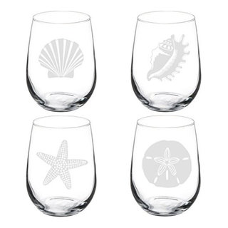 Set of 4 Wine Glass Goblet Sea Shells Sea Shore Collection (17 oz Stemless), Size: One Size