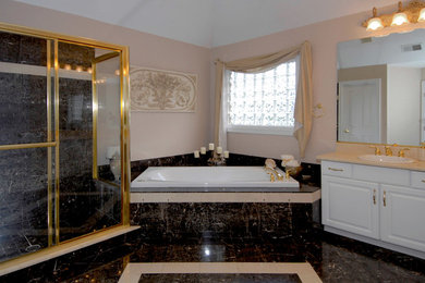 Inspiration for a large timeless green tile and stone slab marble floor bathroom remodel in Other with a drop-in sink, white cabinets, pink walls and raised-panel cabinets