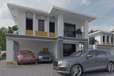Large minimalist multicolored one-story wood and board and batten exterior home photo in Other with a shingle roof and a gray roof