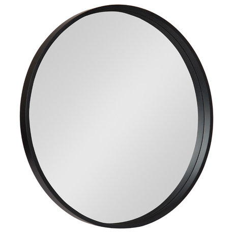 Travis Round Wood Accent Wall Mirror, Black, 25.6diameter