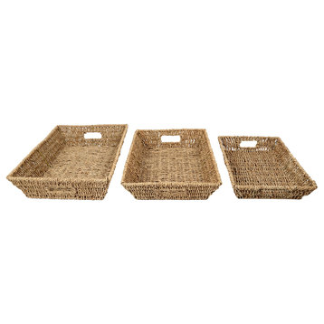 Natural Rustic Seagrass Tray, Set of 3, 15.25x11.75 inches, Beige