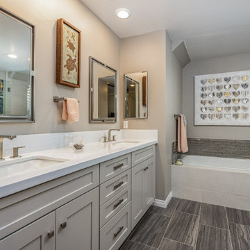 Transitional Master Bathroom Remodel with Beige Waypoint cabinets