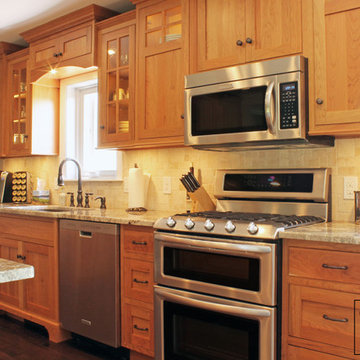 Transitional Natural Cherry Kitchen with Double-tiered Island