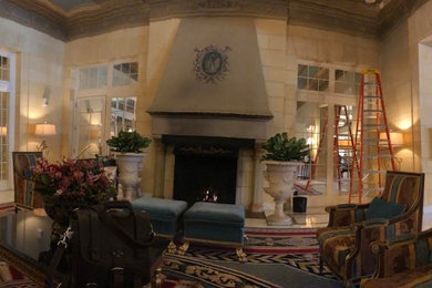 Large formal and open concept porcelain tile and beige floor living room photo in Oklahoma City with beige walls, a standard fireplace and a concrete fireplace