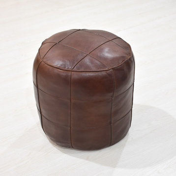 Solid Handmade Leather Round Pouf (Recycled Cotton Fill) Brown Color PF28