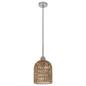 8" Dia. Pendant Ceiling Light Fixture, Rope Woven Shade, Brown, Chrome