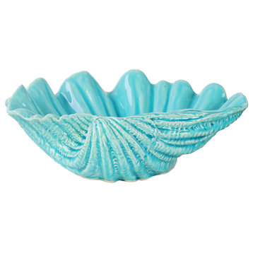 Ceramic Open Valve Clam Seashell Sculpture, Blue
