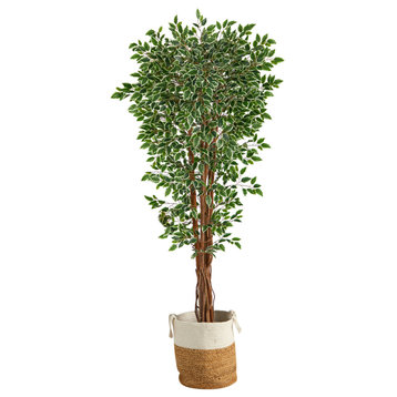 70" Variegated Ficus Faux Tree, Handmade Natural Jute & Cotton Planter