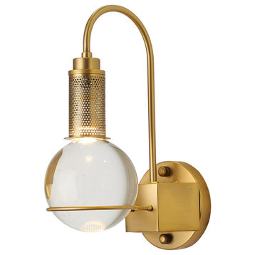 Antique Brass Metal Wall Sconce With Clear Crystal Ball