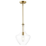 Light Society - Miller Pendant Lamp, Brushed Brass/Seeded - With the Miller Pendant Lamp you can have your pick from the champagne texture of seeded glass or a clear and smooth glass pendant crafted in a contemporary vase silhouette. We adore the sleek brushed iron rods that plummet from a beveled base through the glass shade to a clean-lined bulb socket. This unique piece brings pure radiance to your kitchen counter.