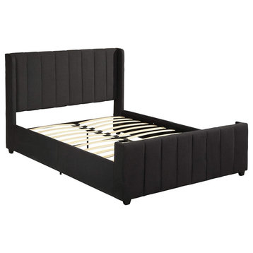 Traditional Queen Size Platform Be, Wing Headboard With Ribbed Stitching, Black